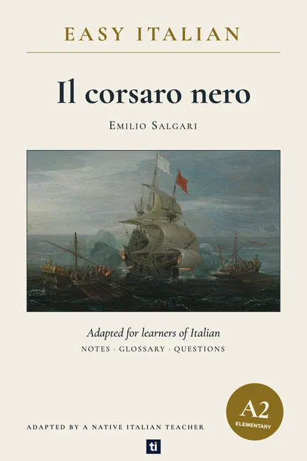 Omslag: Il corsaro nero van Emilio Salgari, Italiaans leesboek, ERK-niveau A2