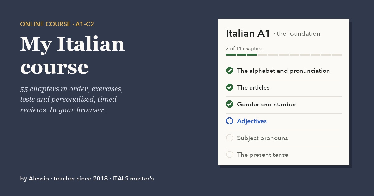 The course at A1: the level card with the first chapters ticked off