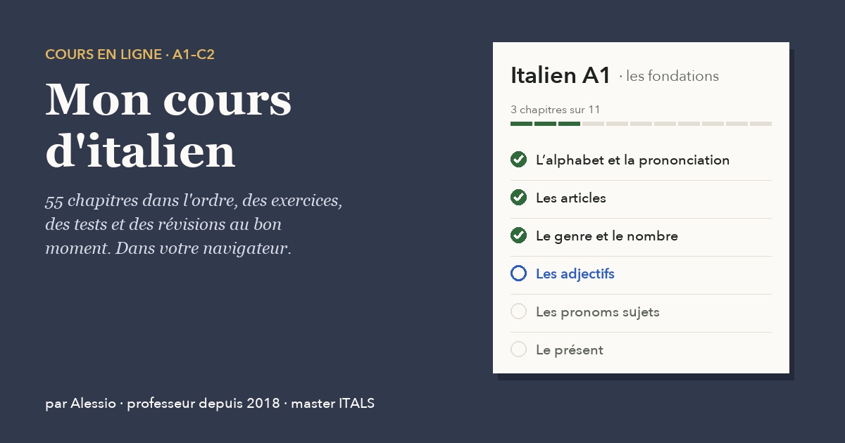 Le cours à l'A1 : la fiche du niveau, avec les premiers chapitres cochés