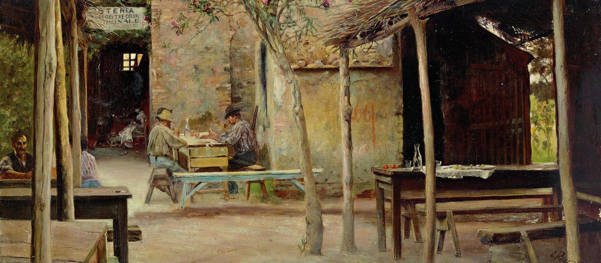 Een schilderij van het interieur van een osteria, met tafels onder de pergola en het uithangbord
