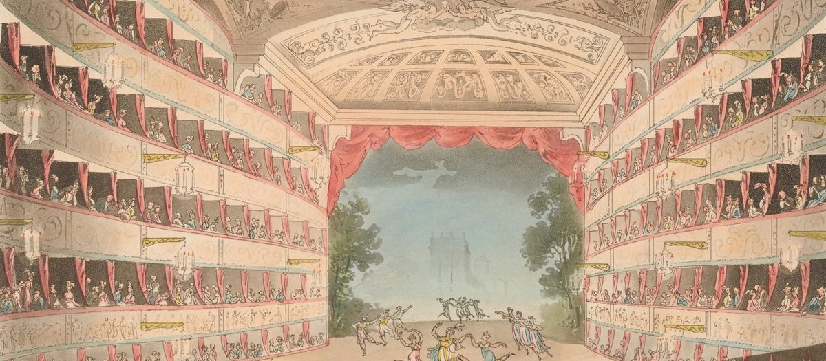Een oude prent van een theaterinterieur, met volle loges en beschilderd doek · Italiaanse grammatica B2