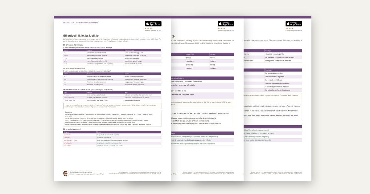 Three pages of the Italian grammar worksheets: rules, exercises and answers