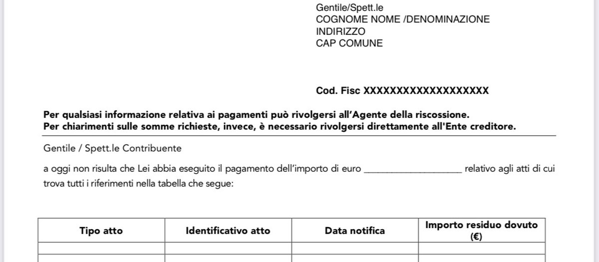 Een blanco aanmaningsformulier, met de tabel van de bedragen · Italiaanse grammatica B1