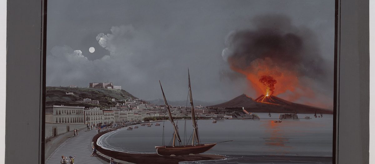 Een Napolitaanse gouache: de baai bij nacht, met de Vesuvius in uitbarsting