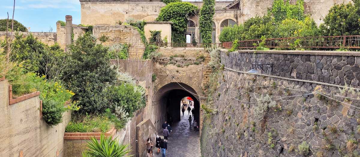 Una salita lastricata che passa sotto un arco tra muri di pietra e piante, a Procida