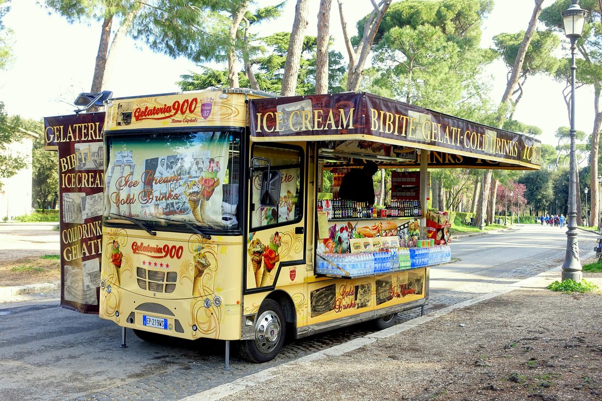 The Gelateria 900 kiosk van parked among the trees of Villa Borghese in Rome