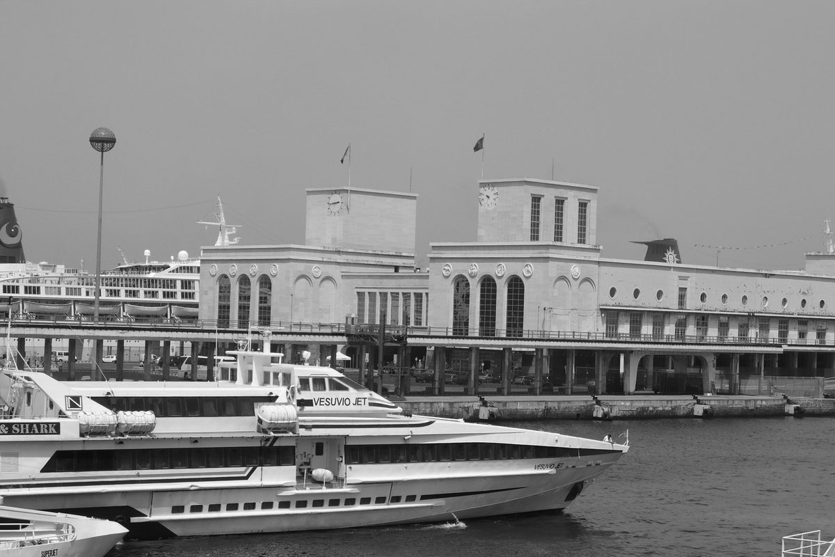 Hydrofoils moored at the Molo Beverello in Naples, in black and white