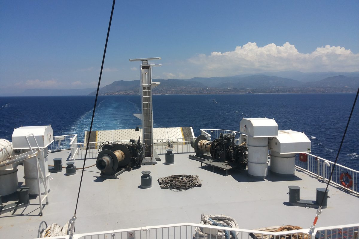View from the deck of a ferry crossing the Strait of Messina