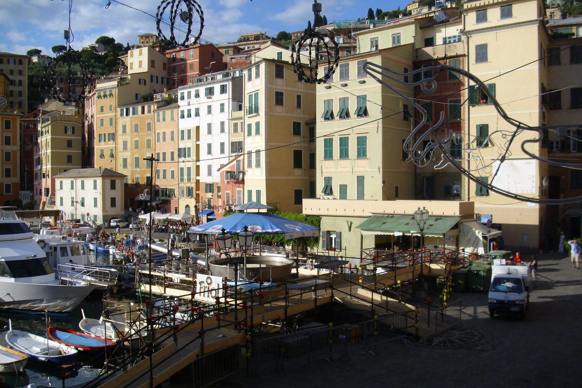 The coloured houses and harbour of Camogli during the fish festival