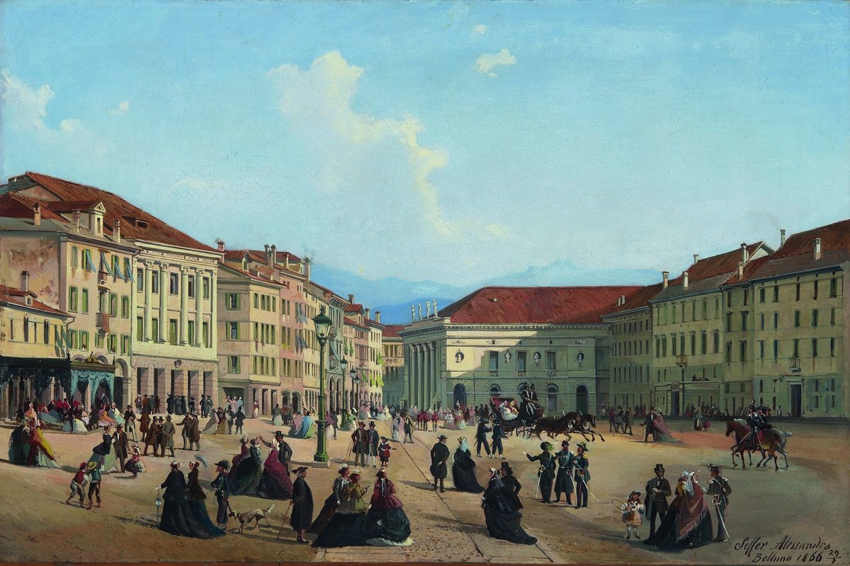 A nineteenth-century painting of people strolling in Piazza Campitello in Belluno