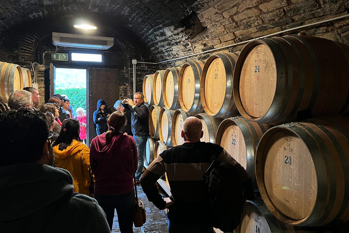 Visitors on a guided tour among oak barrels in a Chianti wine cellar
