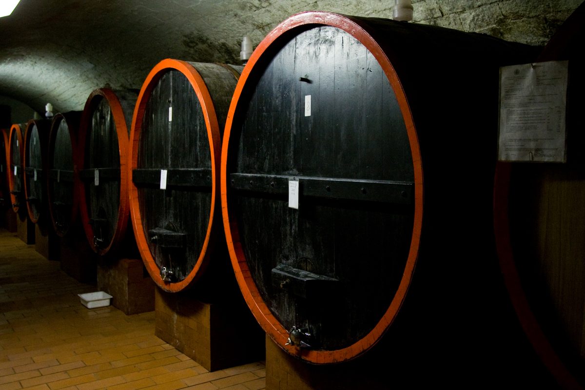 Large oak barrels lined up in a wine cellar in San Quirico d'Orcia, Tuscany