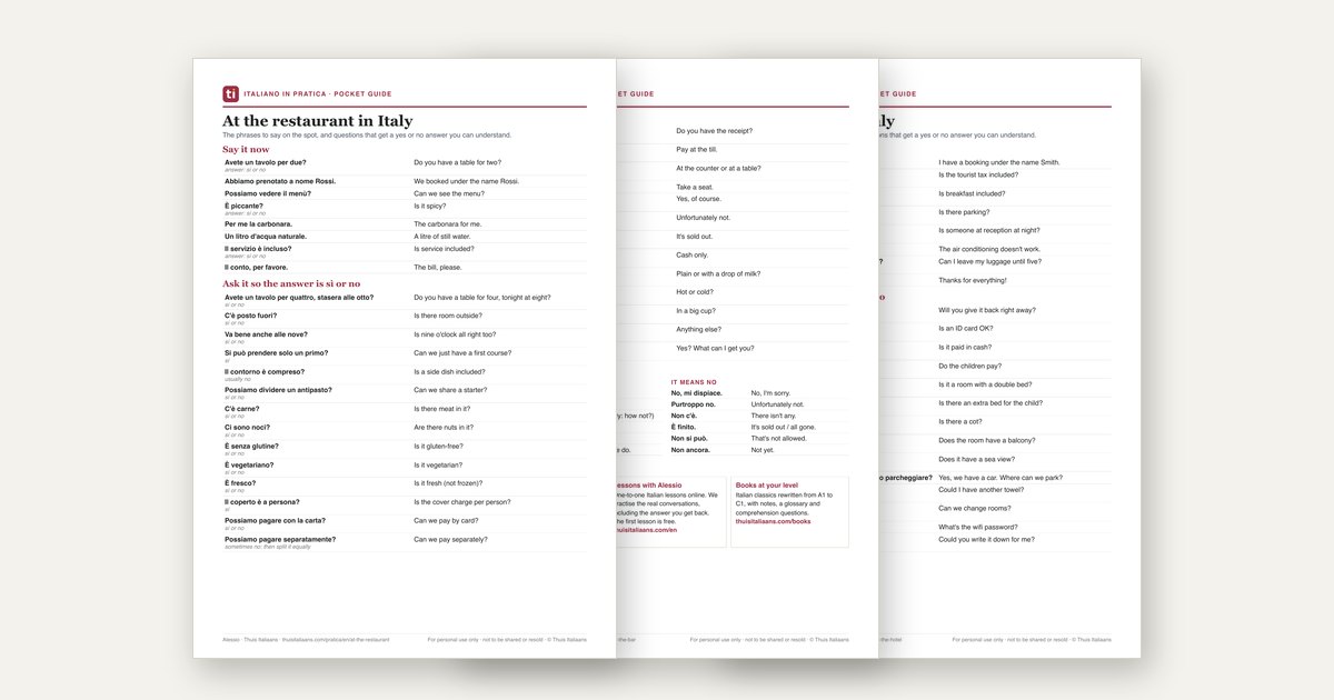 Three pages of the Italian travel phrase guides: the restaurant, what you will hear, the hotel