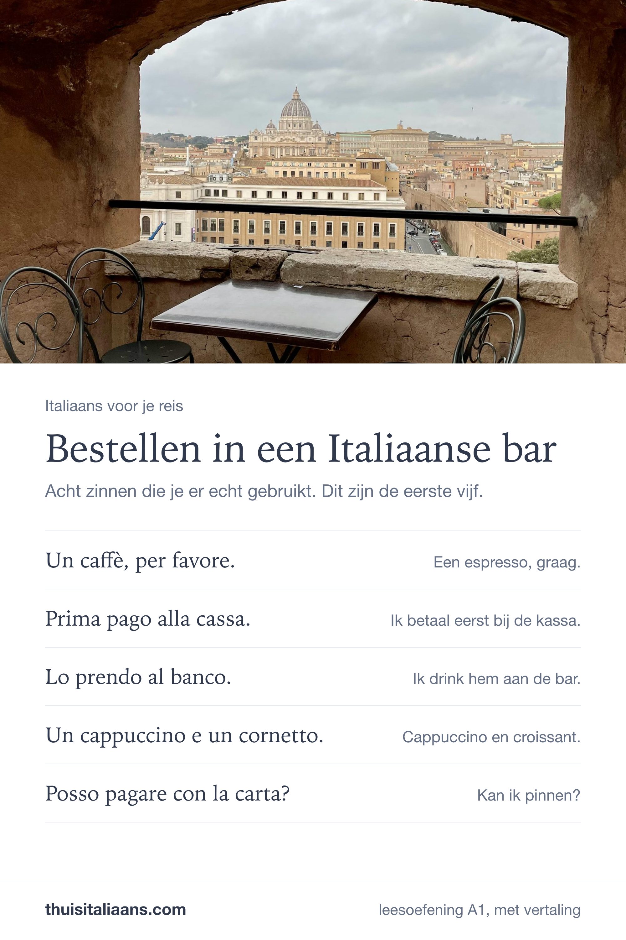 Cafetafeltje in Rome met uitzicht op de Sint-Pieter, met acht Italiaanse zinnen om koffie te bestellen.