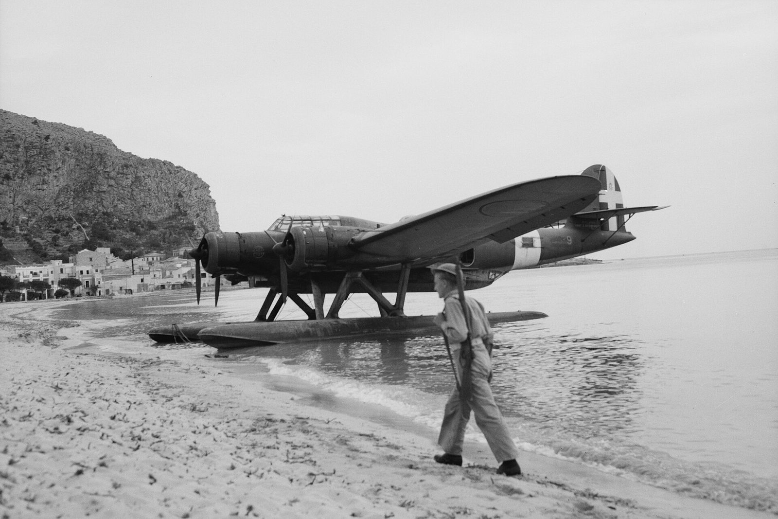 An Italian CANT Z.506 Airone seaplane on the Sicilian beach of Mondello, September 1943, Palermo (Sicilia, Italia)