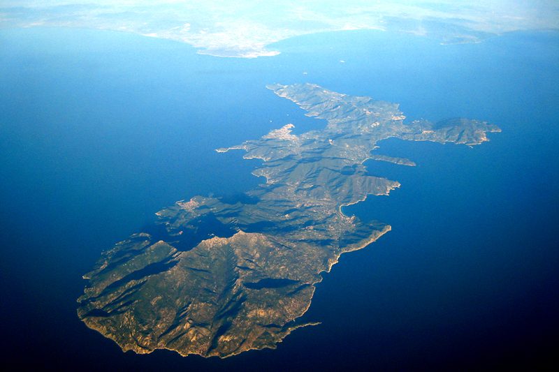Aerial view of the island of Elba , Monte Capanne , Marciana Marina and Portoferraio, Isola d'Elba (Toscana, Italien)