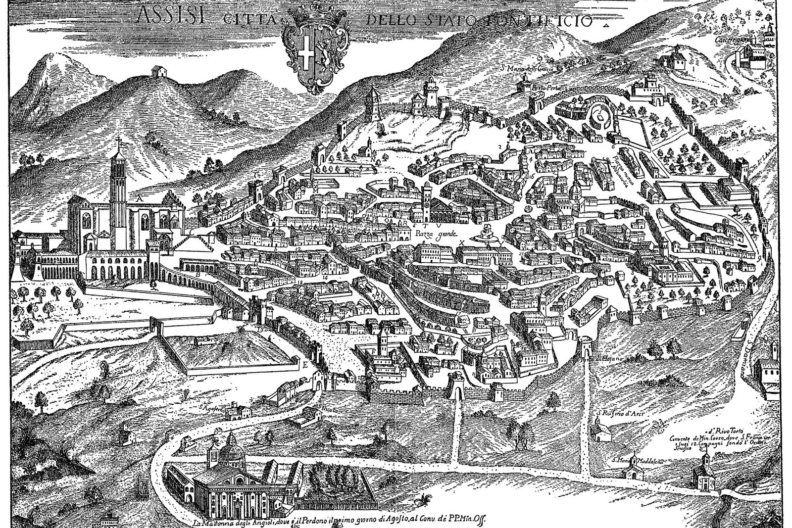 Veduta storica di Assisi e dei monumenti, intitolata Assisi città dello stato pontificio . Incisione del settecento (?) (…)