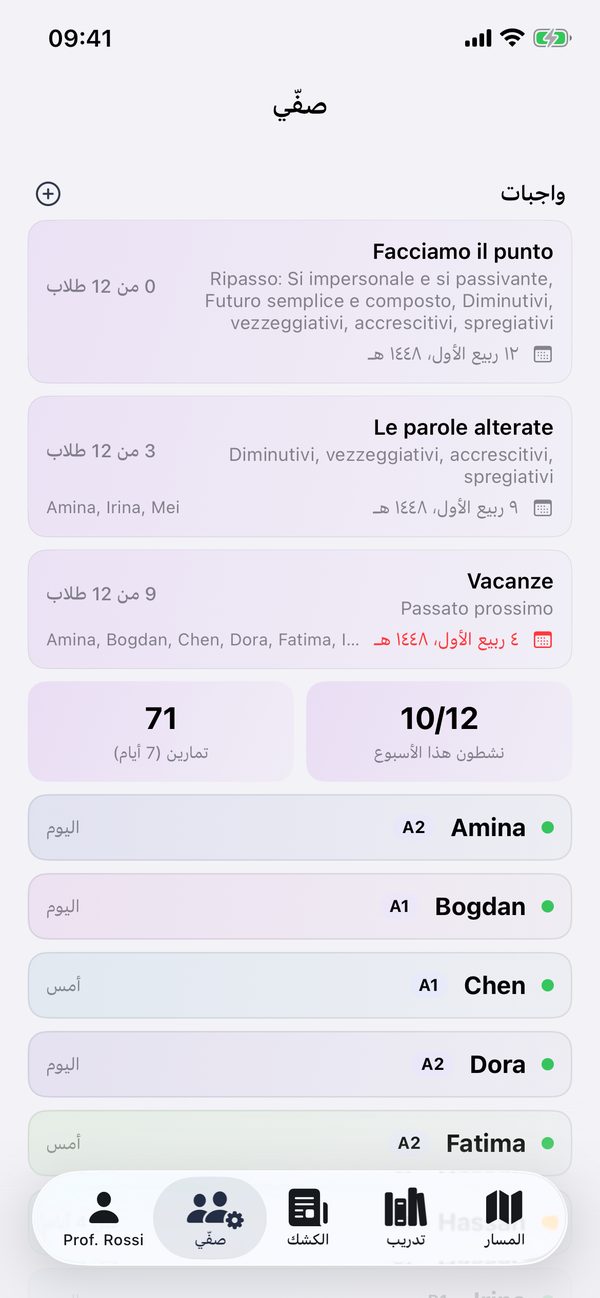 الصف مع الطلاب والواجبات