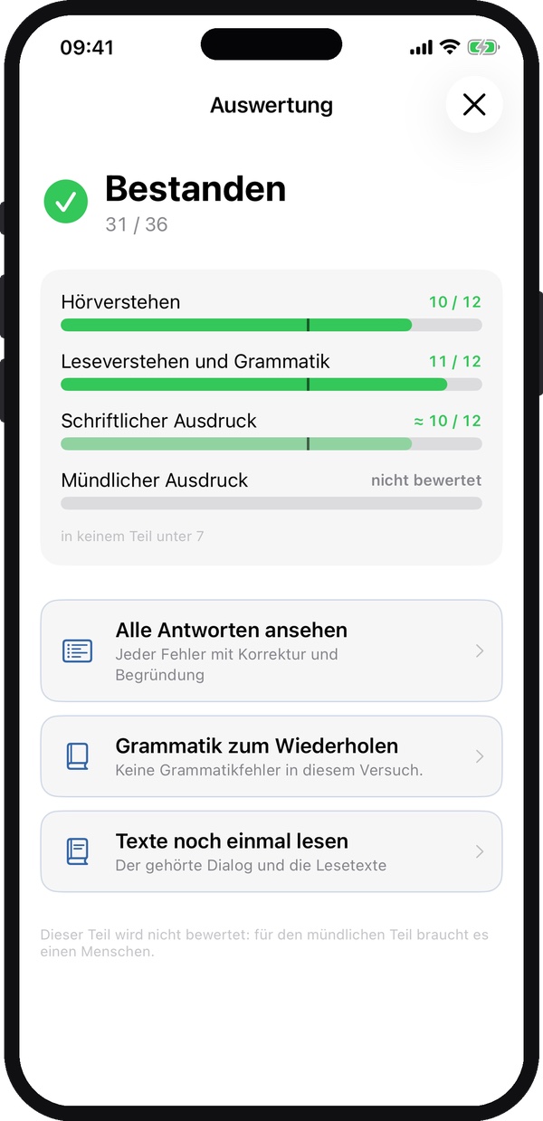 Bildschirm der Ti-App: der Bericht der Simulation, bestanden mit 31 von 36