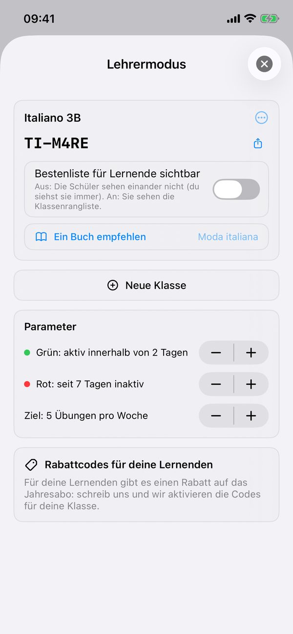 Lehrermodus mit dem Klassencode