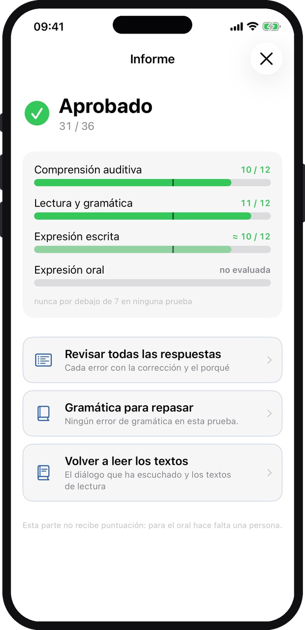 Pantalla de la app Ti: el informe de la simulación, aprobada con 31 sobre 36
