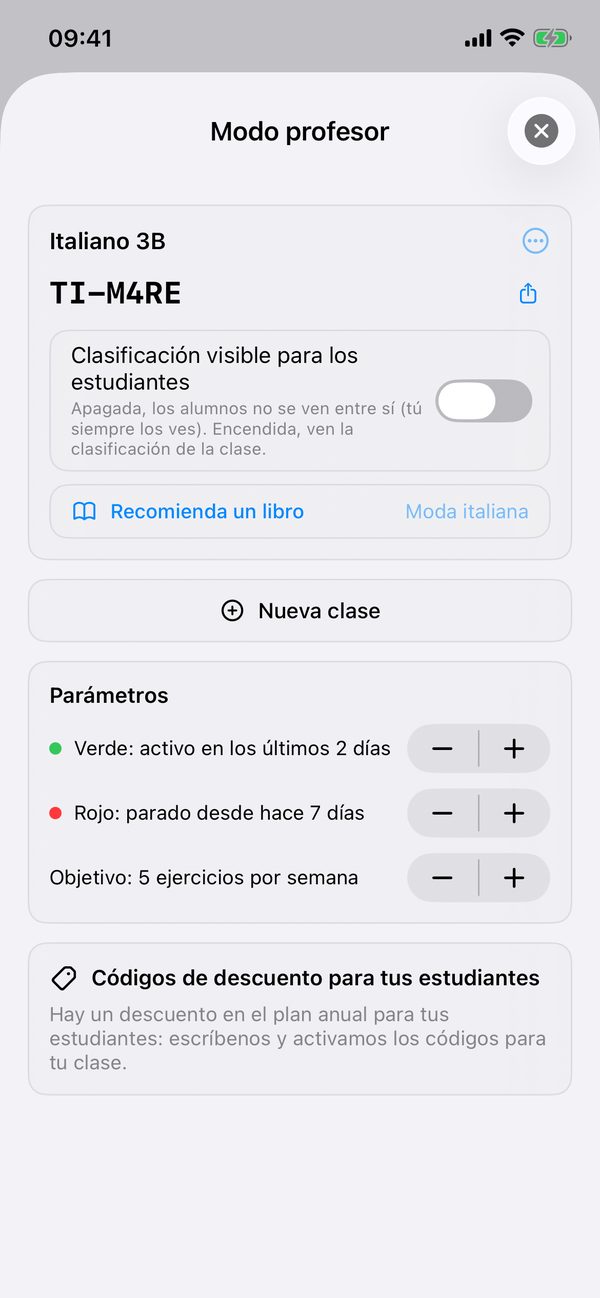 El modo profesor con el código de clase