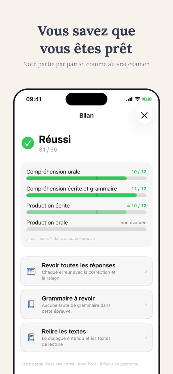 Écran de l’application Ti: le bilan de la simulation, réussie avec 31 sur 36