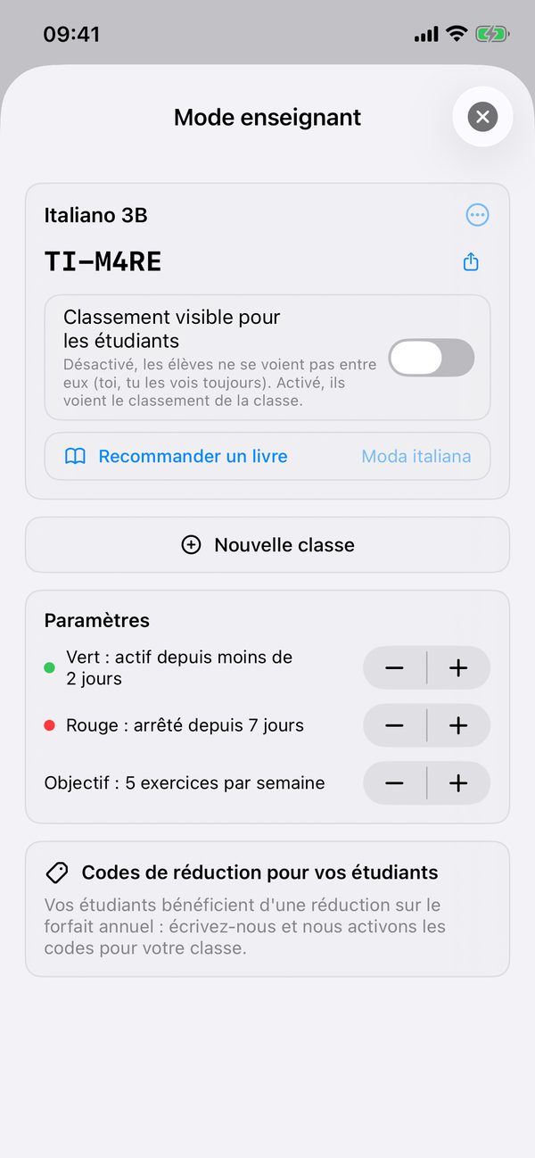 Le mode professeur avec le code de classe