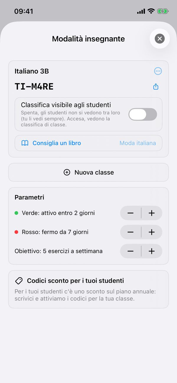 La modalità insegnante col codice classe