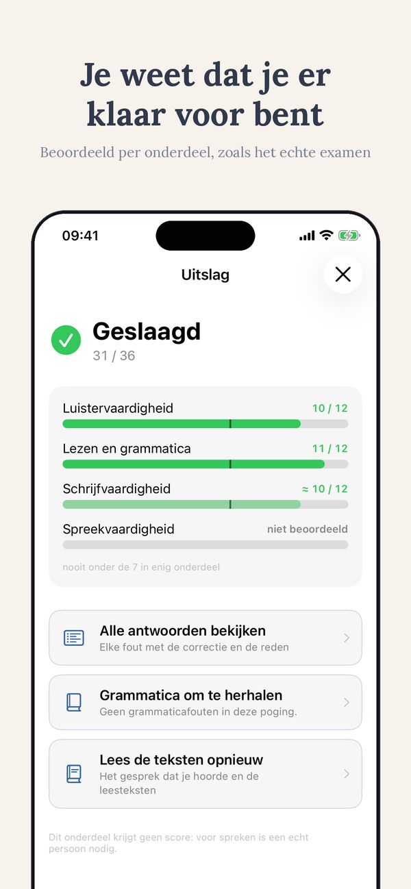 De uitslag per onderdeel na de simulatie