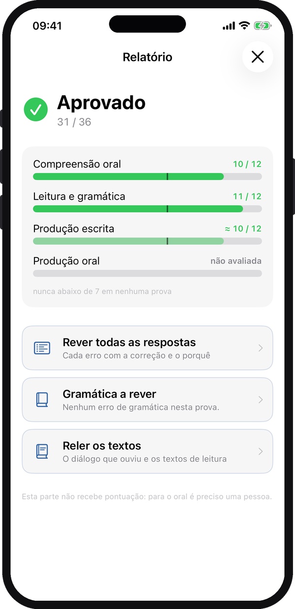 Ecrã da aplicação Ti: o relatório da simulação, aprovada com 31 em 36