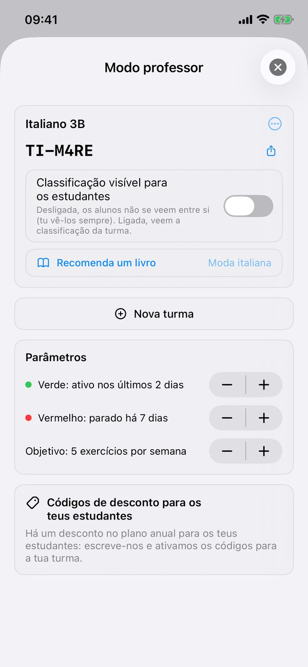 O modo professor com o código da turma