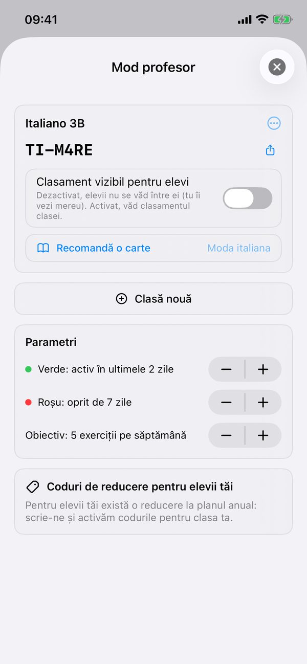 Modul profesor cu codul clasei
