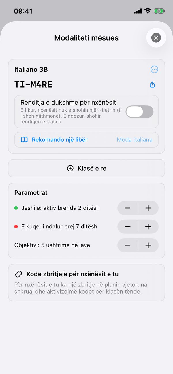 Mënyra e mësuesit me kodin e klasës